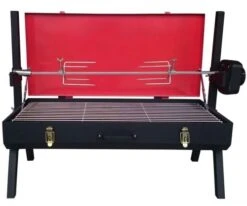 Flaming Coals Mini Spit Roaster Charcoal BBQ - Red Windshield Lid - 3v - 8kg Rated Motor